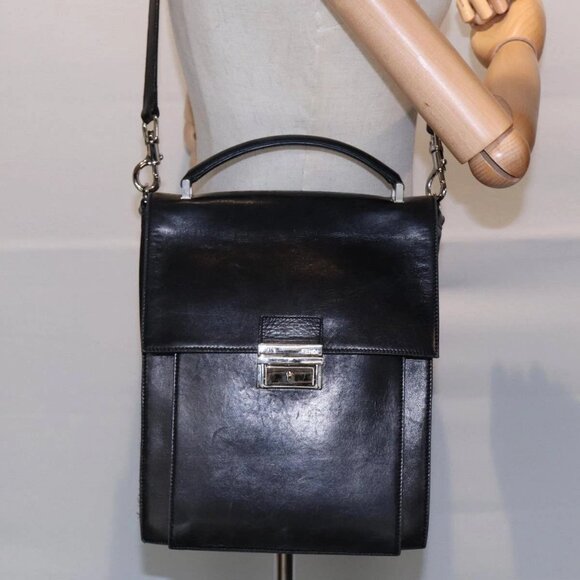 FENDI Hand Bag Leather 2way Black Silver Auth - Picture 1 of 16